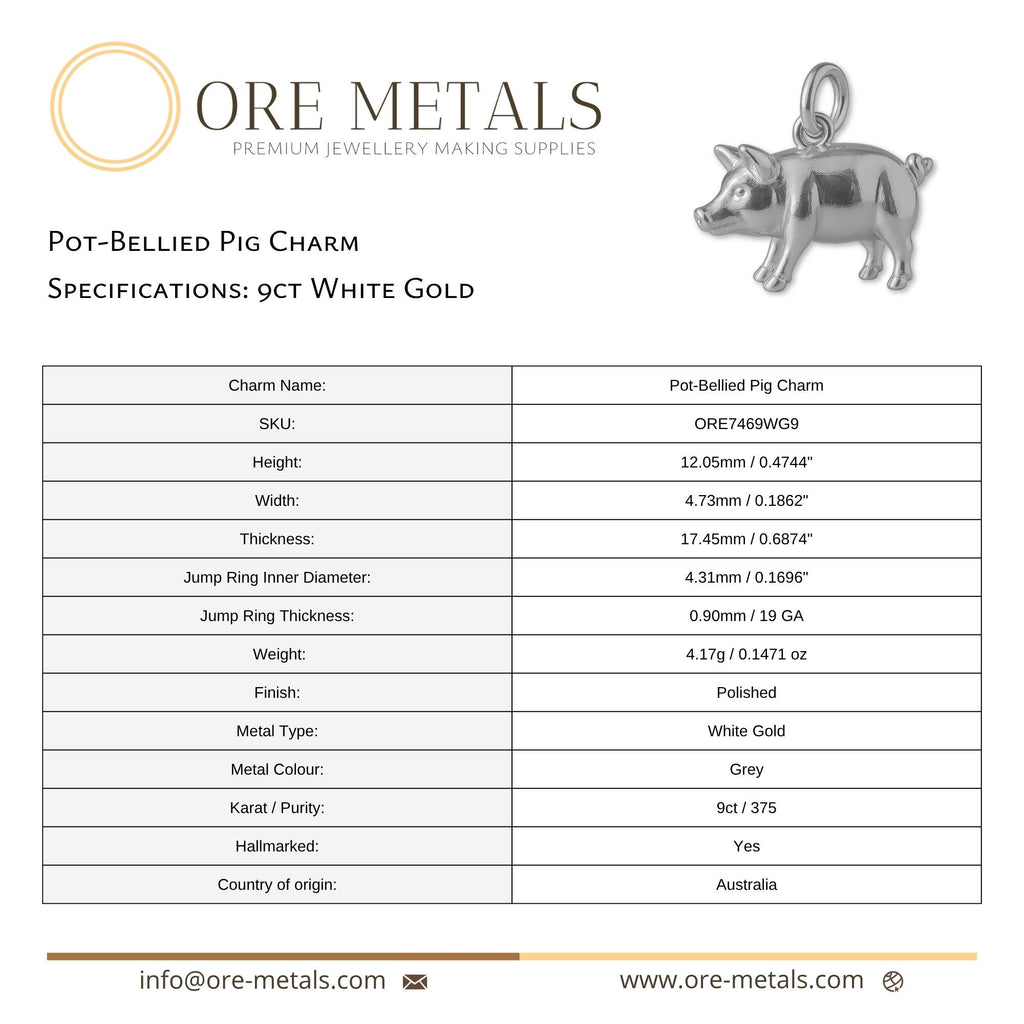 9ct White Gold - Pot Bellied Pig Charm