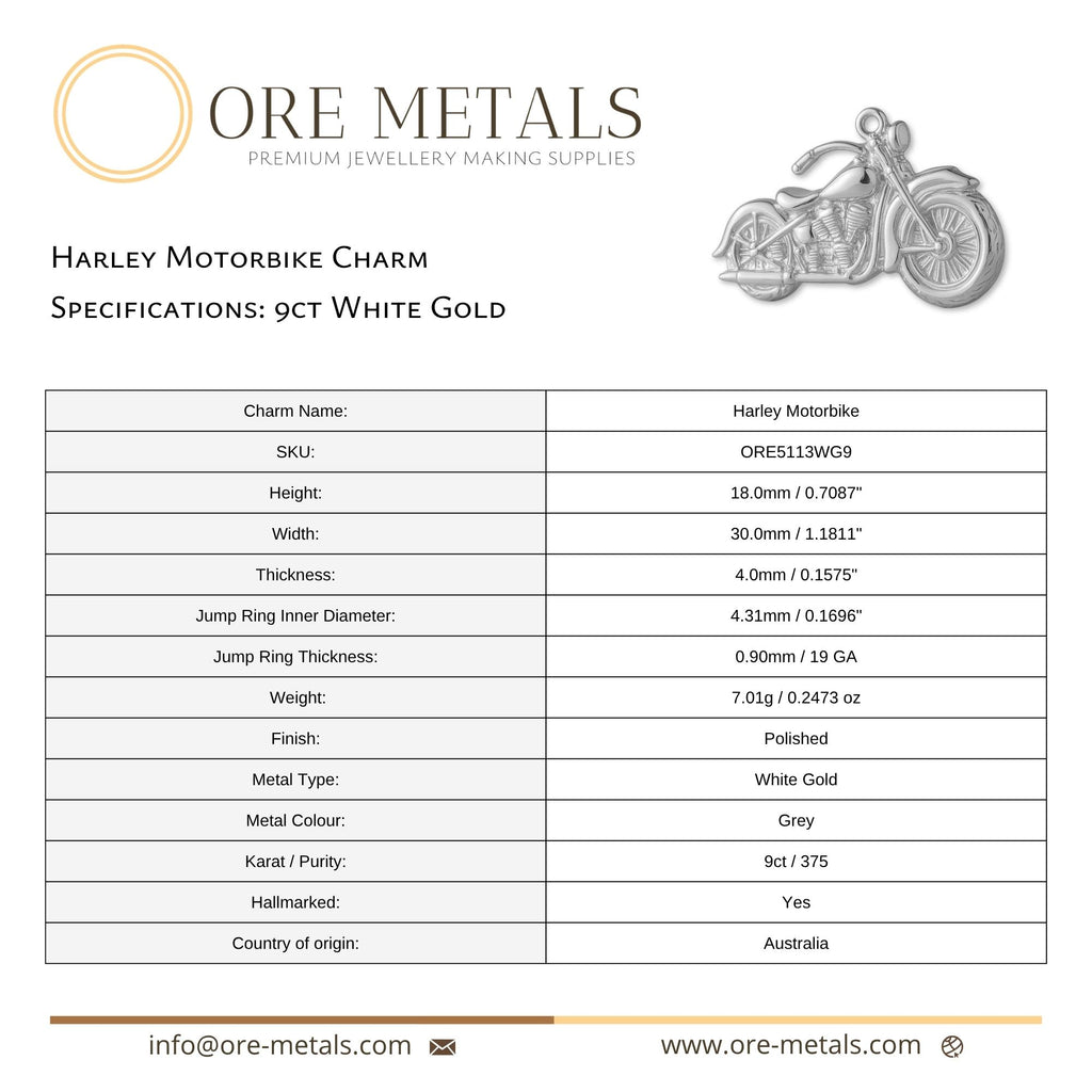 9ct White Gold - Harley Motorbike Charm