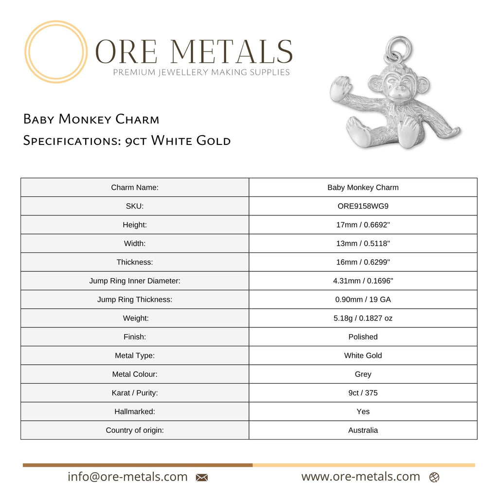 9ct White Gold - Baby Monkey Charm