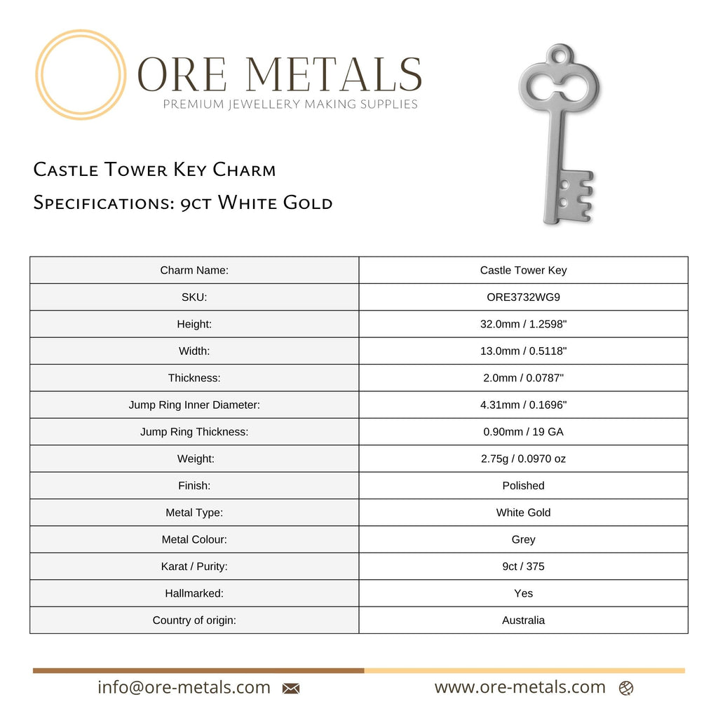 9ct White Gold - Castle Tower Key Charm