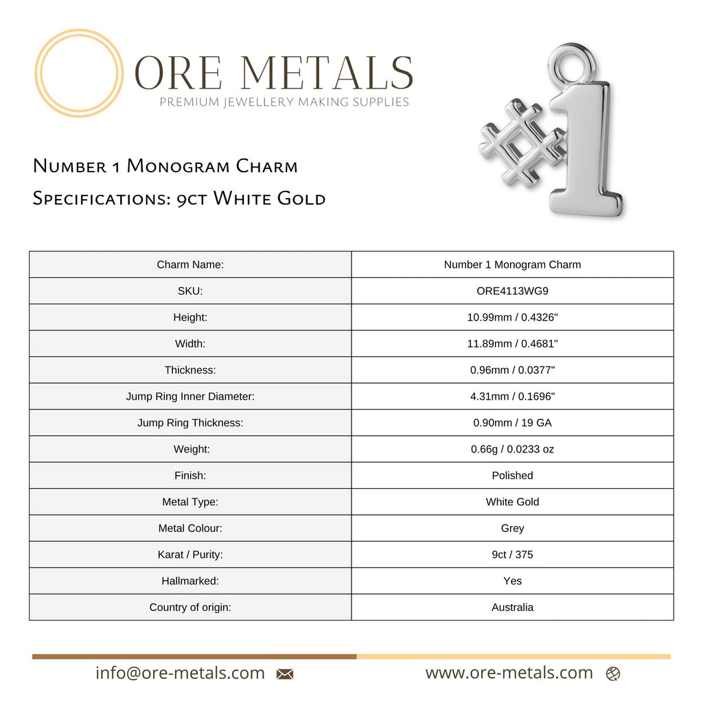 9ct White Gold - Number 1 Monogram Charm