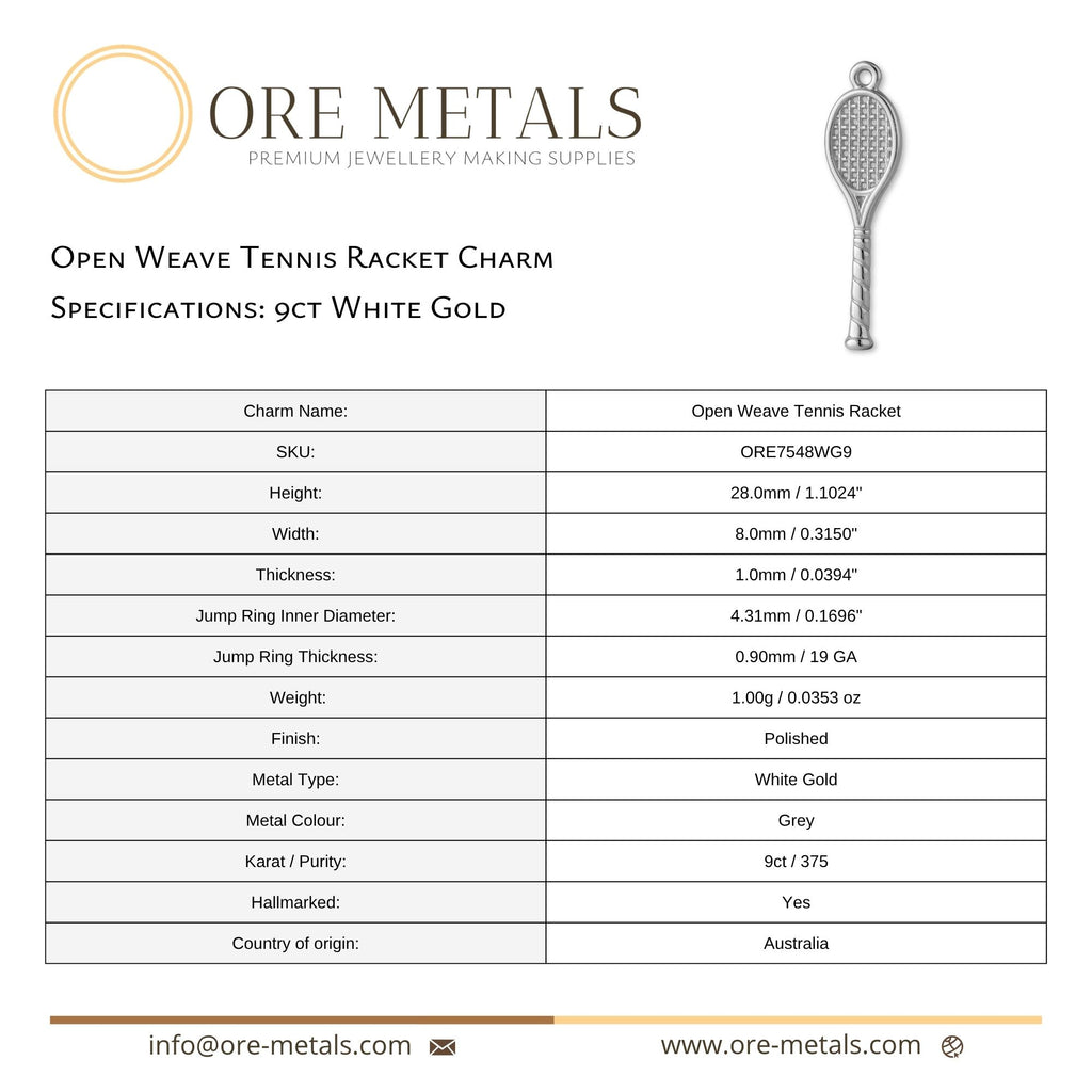 9ct White Gold - Open Weave Tennis Racket Charm
