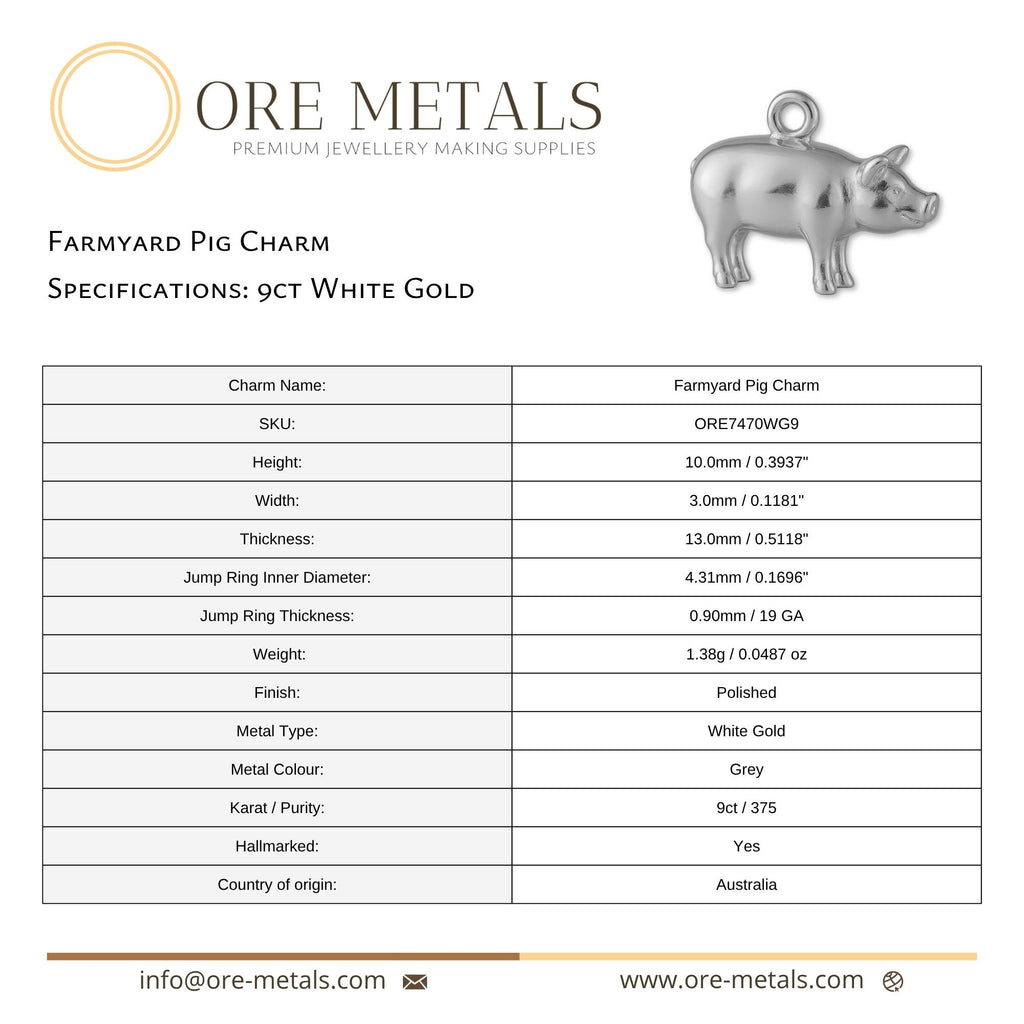 9ct White Gold - Farmyard Pig Charm