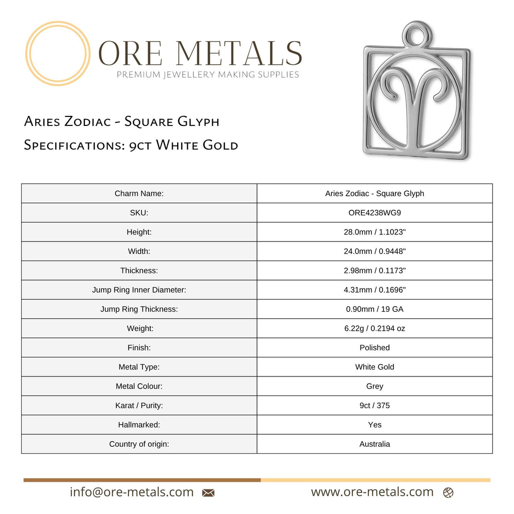 9ct White Gold - Aries Zodiac Square Charm