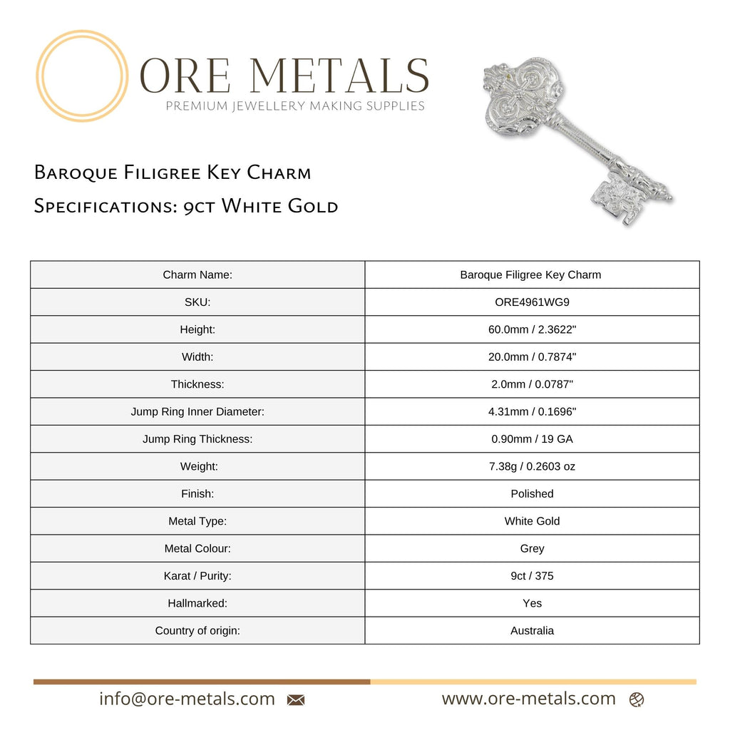 9ct White Gold - Baroque Filigree Key Charm