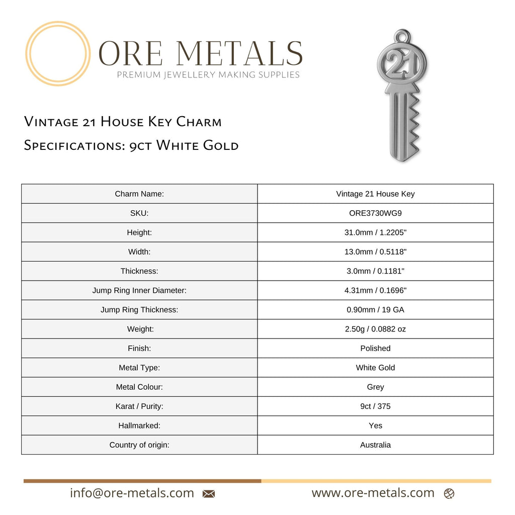 9ct White Gold - Vintage 21 House Key Charm