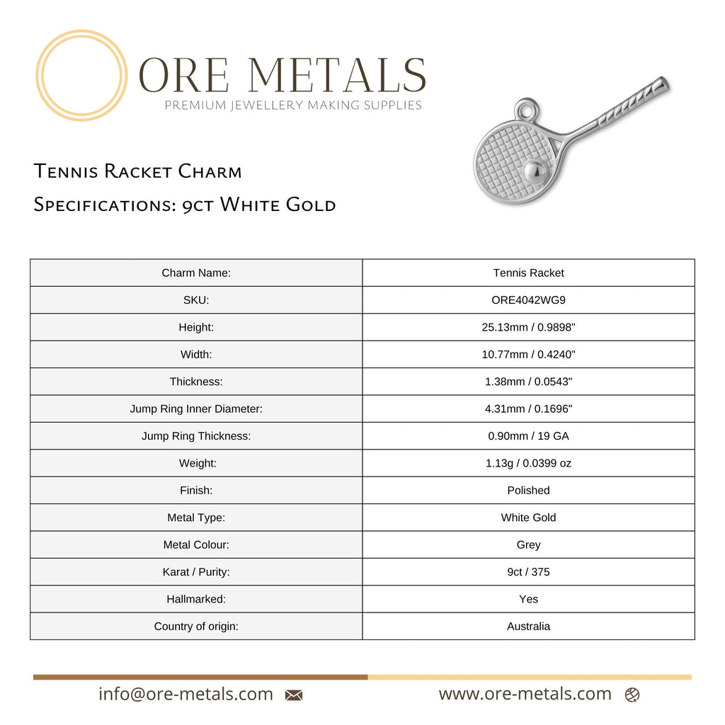9ct White Gold - Tennis Racket Charm