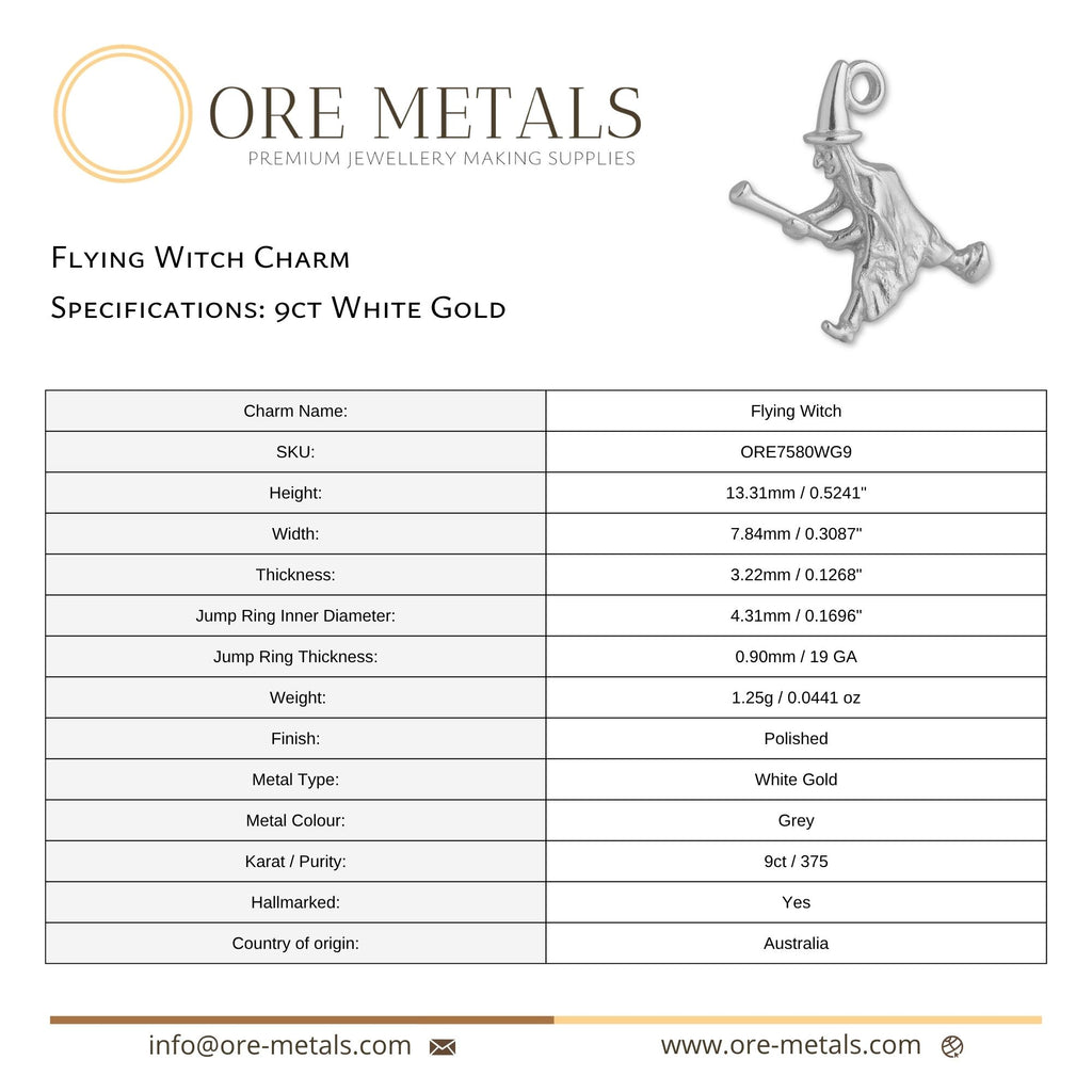 9ct White Gold - Flying Witch Charm