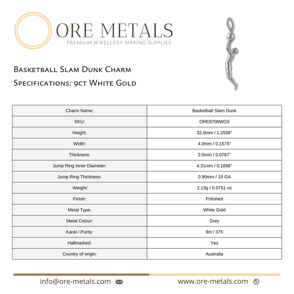 9ct White Gold - Basketball Slam Dunk Charm