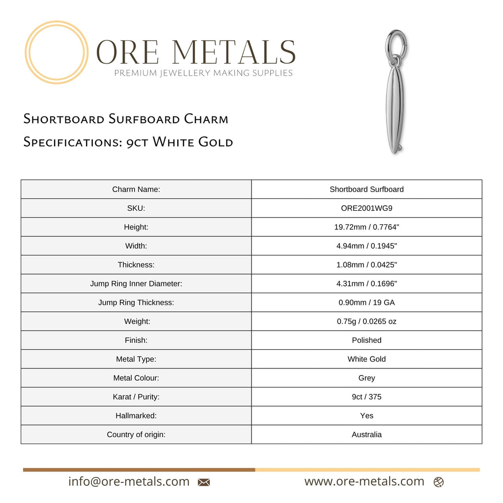 9ct White Gold - Shortboard Surfboard Charm