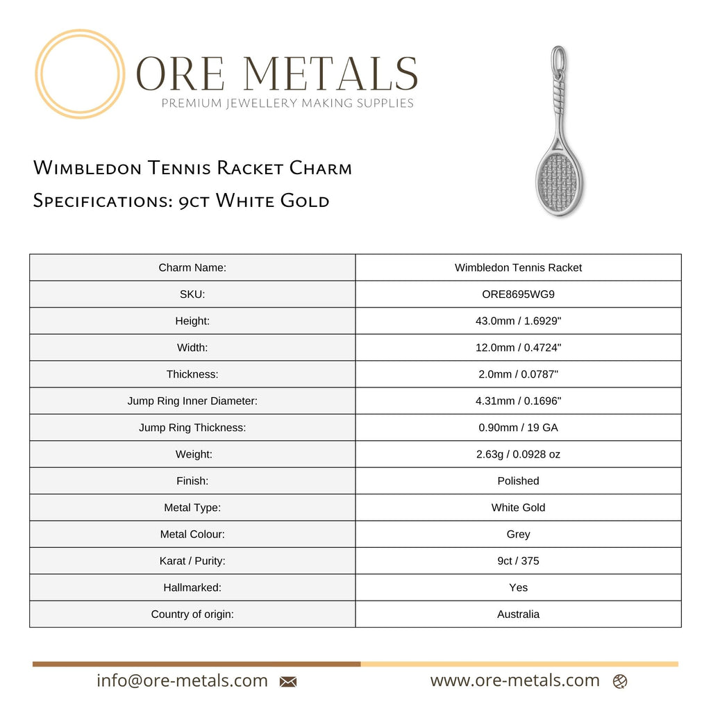 9ct White Gold - Wimbledon Tennis Racket Charm