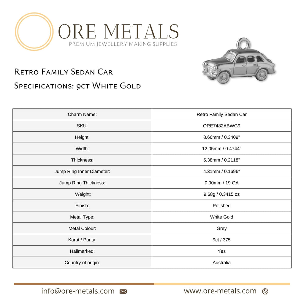 9ct White Gold - Retro Family Sedan Car Charm