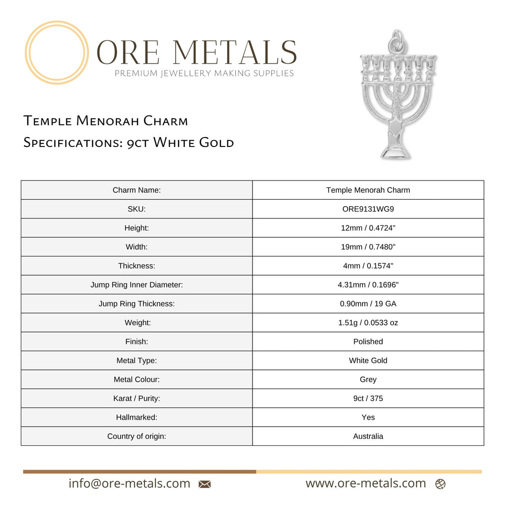 9ct White Gold - Temple Menorah Charm