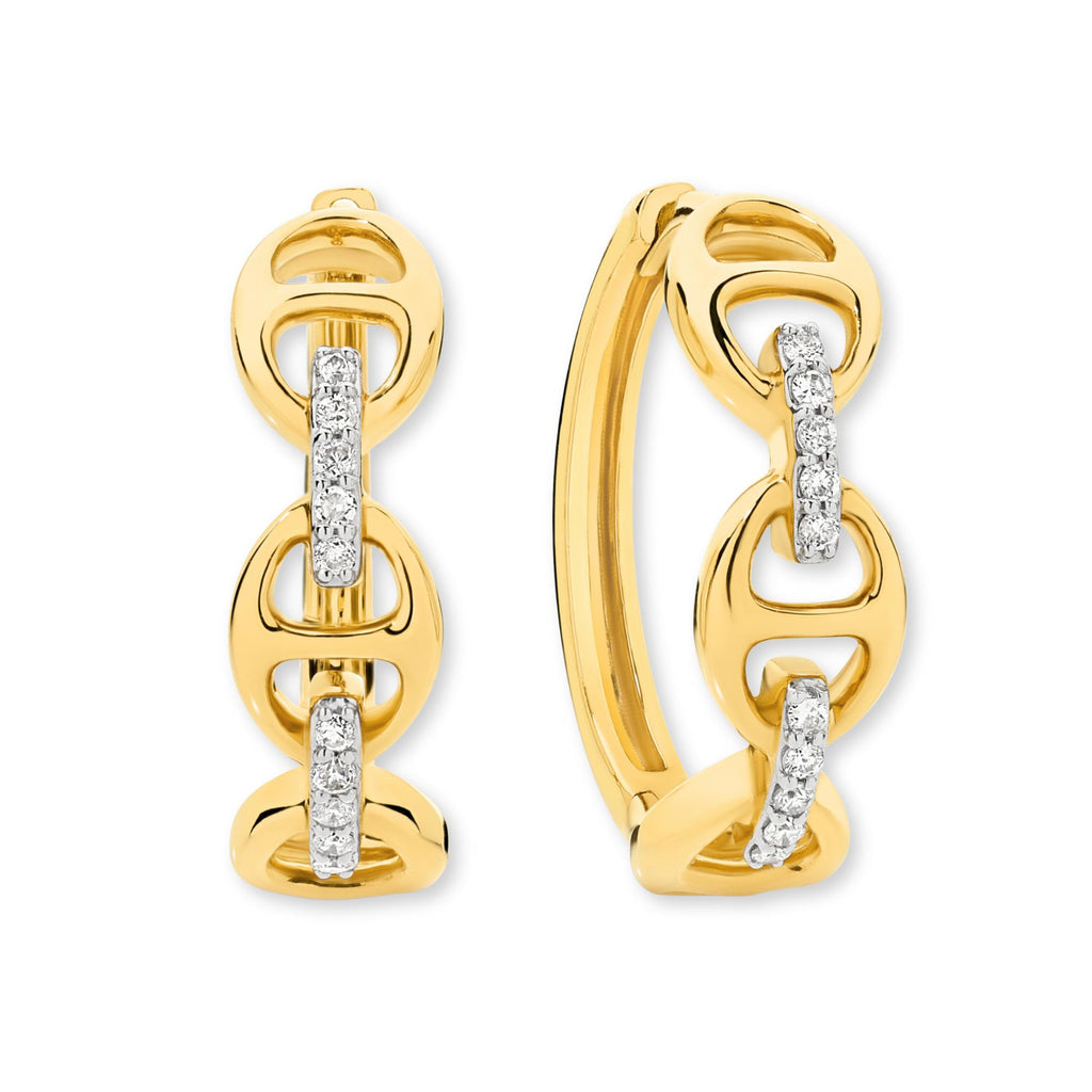 9ct Yellow Gold | 0.1ct GH/SI - Diamond Anchor Hoop Earrings