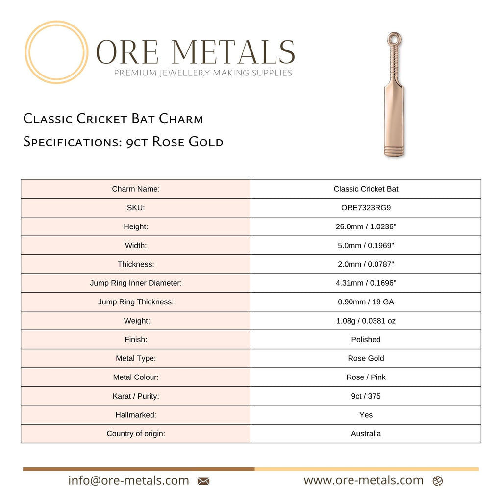 9ct Rose Gold - Classic Cricket Bat Charm