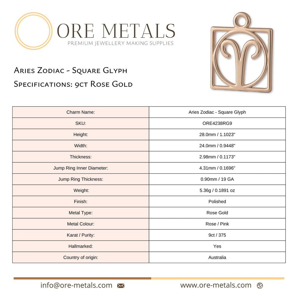 9ct Rose Gold - Aries Zodiac Square Charm