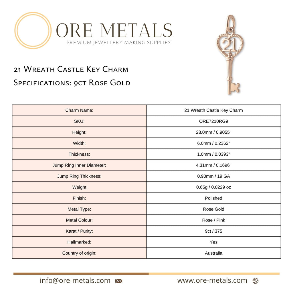 9ct Rose Gold - 21 Wreath Castle Key Charm