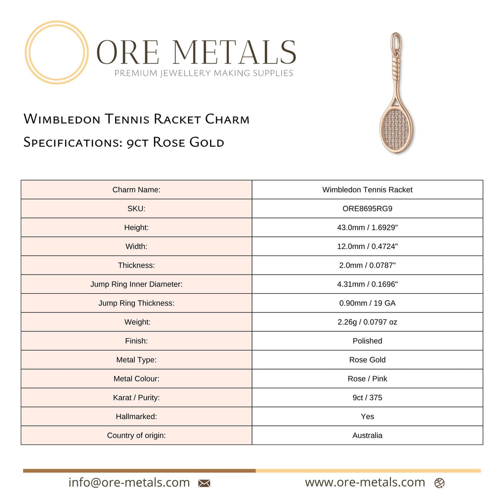 9ct Rose Gold - Wimbledon Tennis Racket Charm