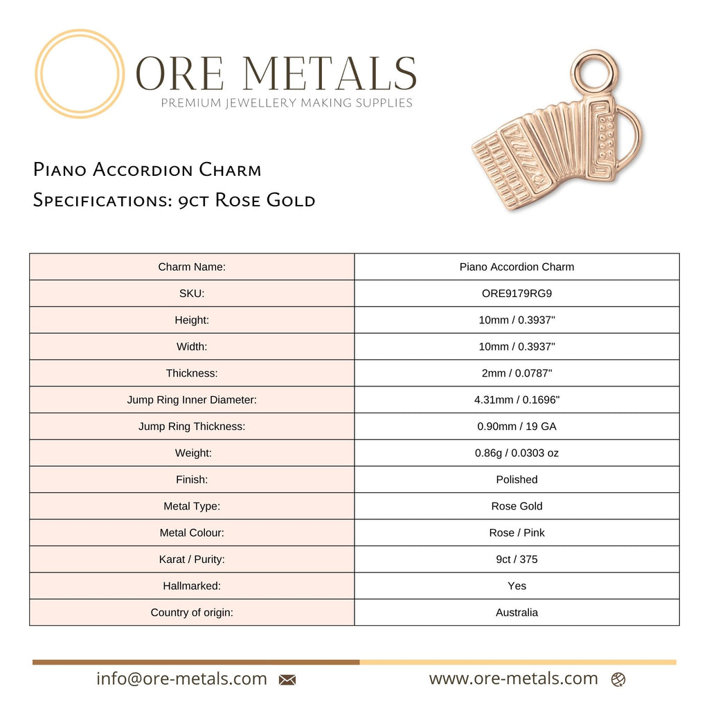 9ct Rose Gold - Piano Accordion Charm