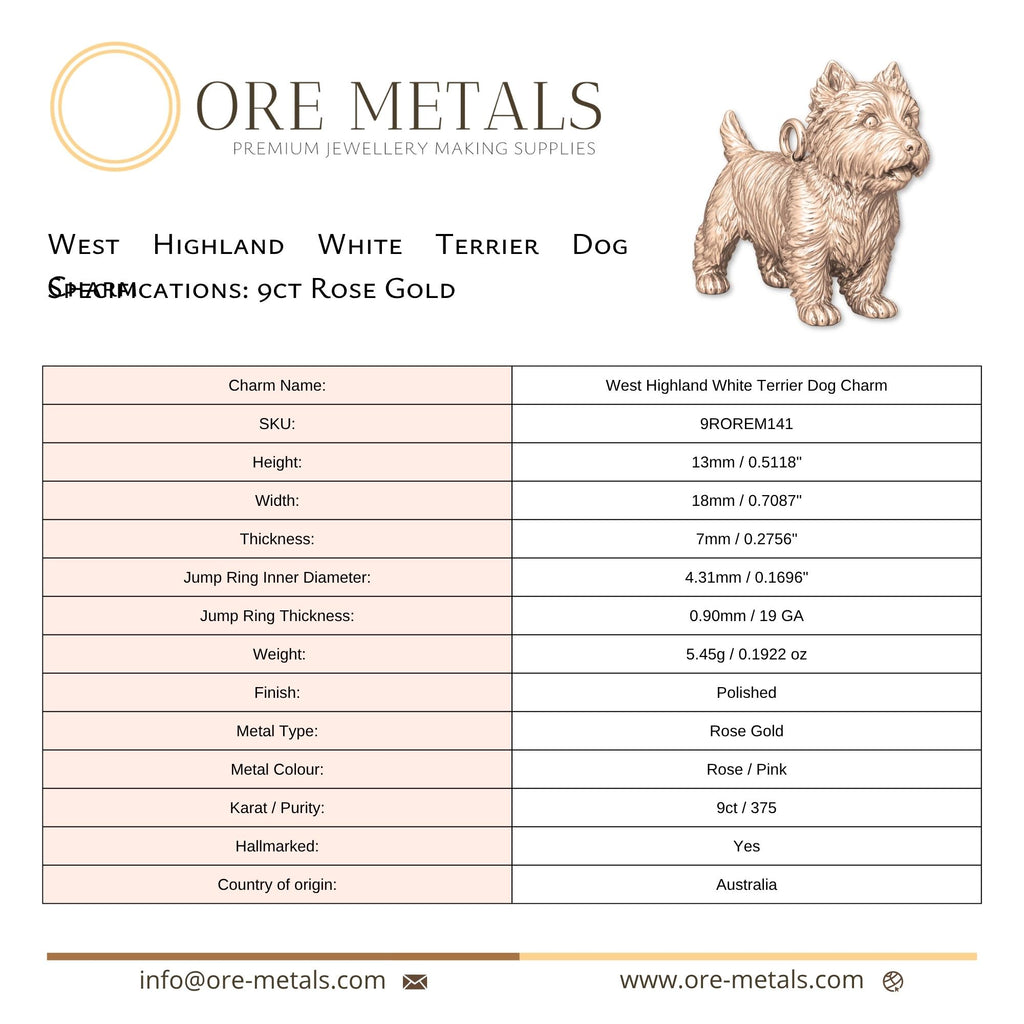 9ct Rose Gold - West Highland White Terrier Dog Charm