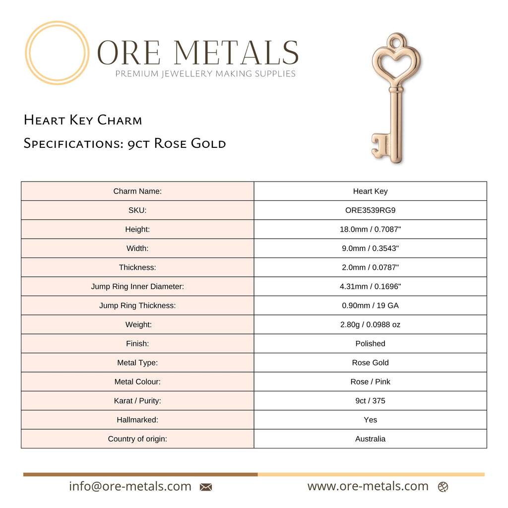 9ct Rose Gold - Heart Key Charm