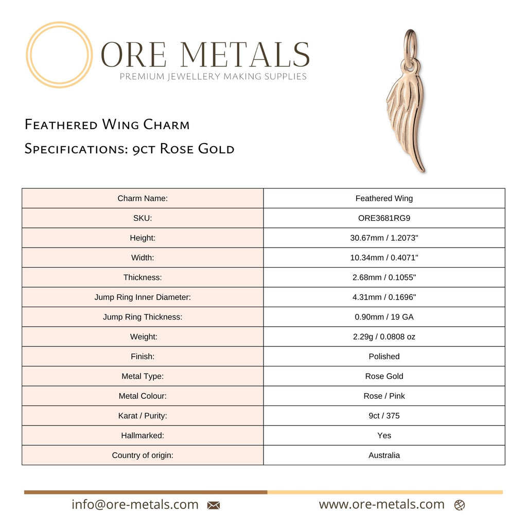 9ct Rose Gold - Feathered Wing Charm