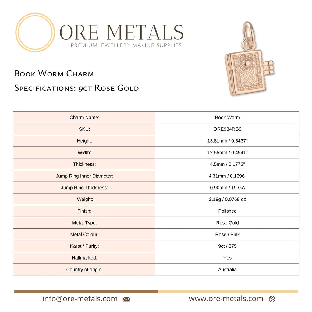 9ct Rose Gold - Book Worm Charm