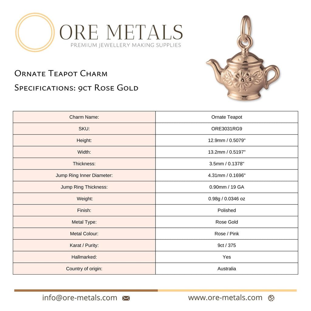 9ct Rose Gold - Ornate Teapot Charm