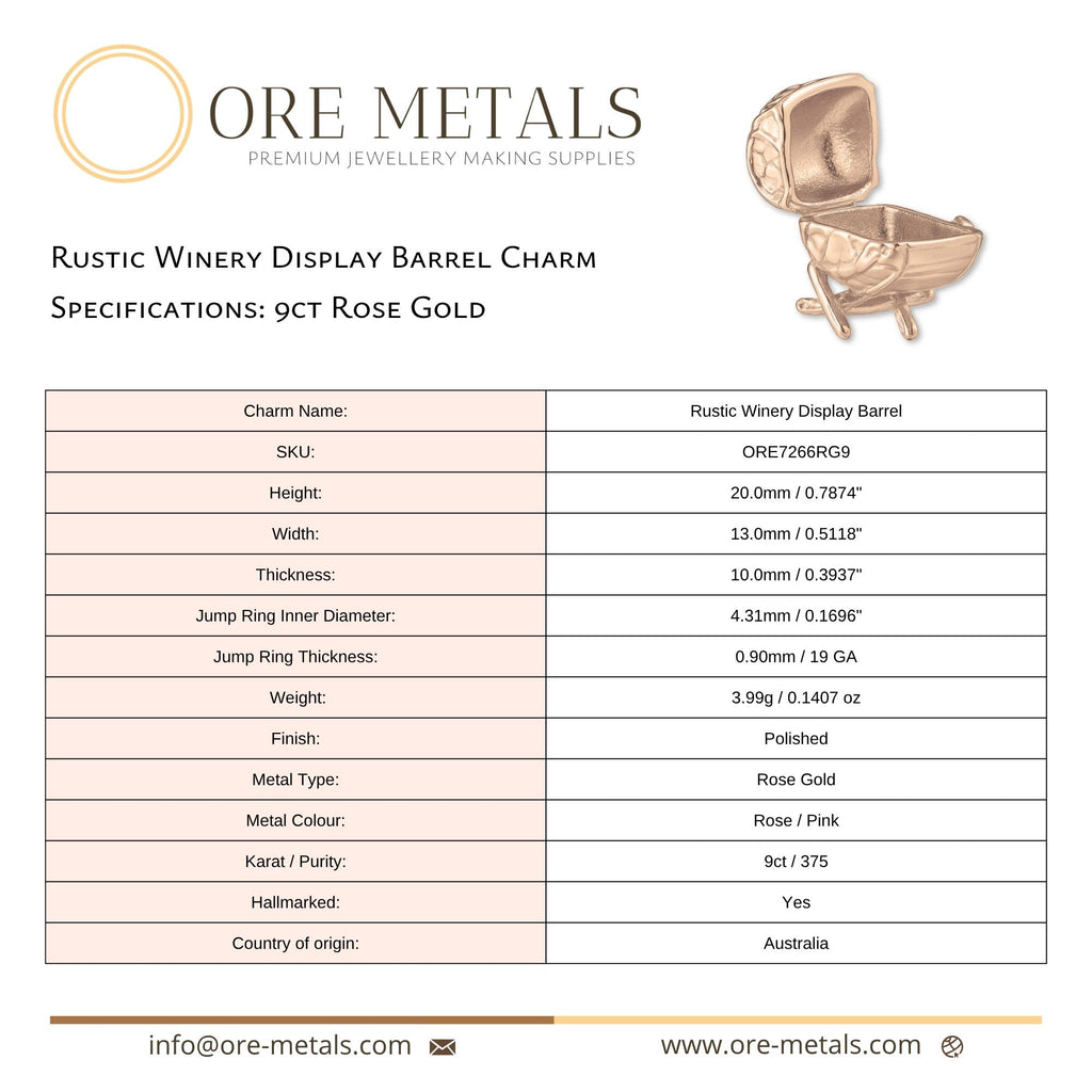 9ct Rose Gold - Rustic Winery Display Barrel Charm