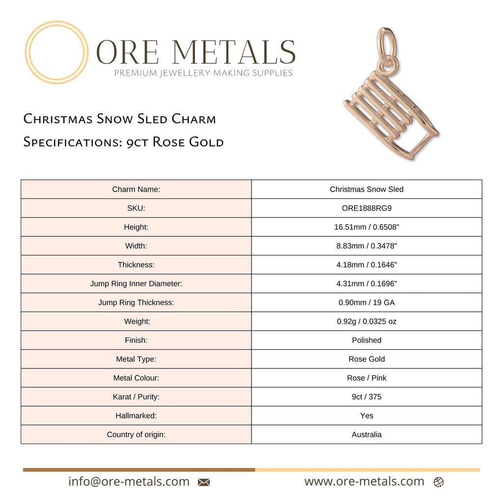 9ct Rose Gold - Christmas Snow Sled Charm