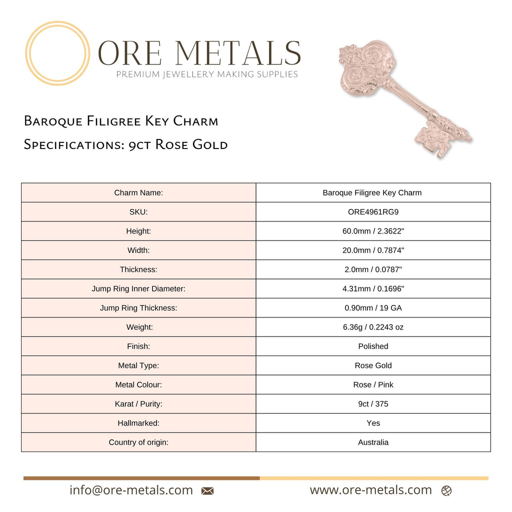9ct Rose Gold - Baroque Filigree Key Charm