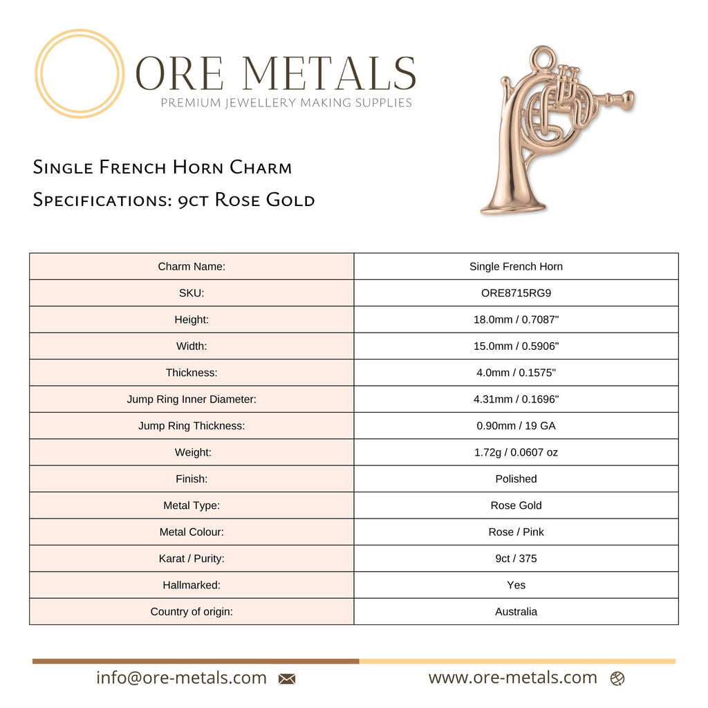 9ct Rose Gold - Single French Horn Charm