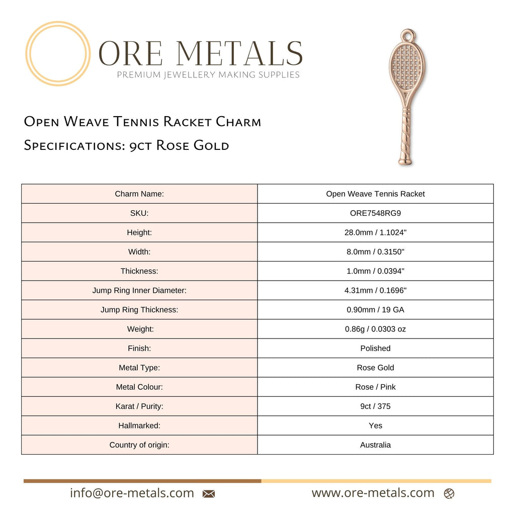 9ct Rose Gold - Open Weave Tennis Racket Charm