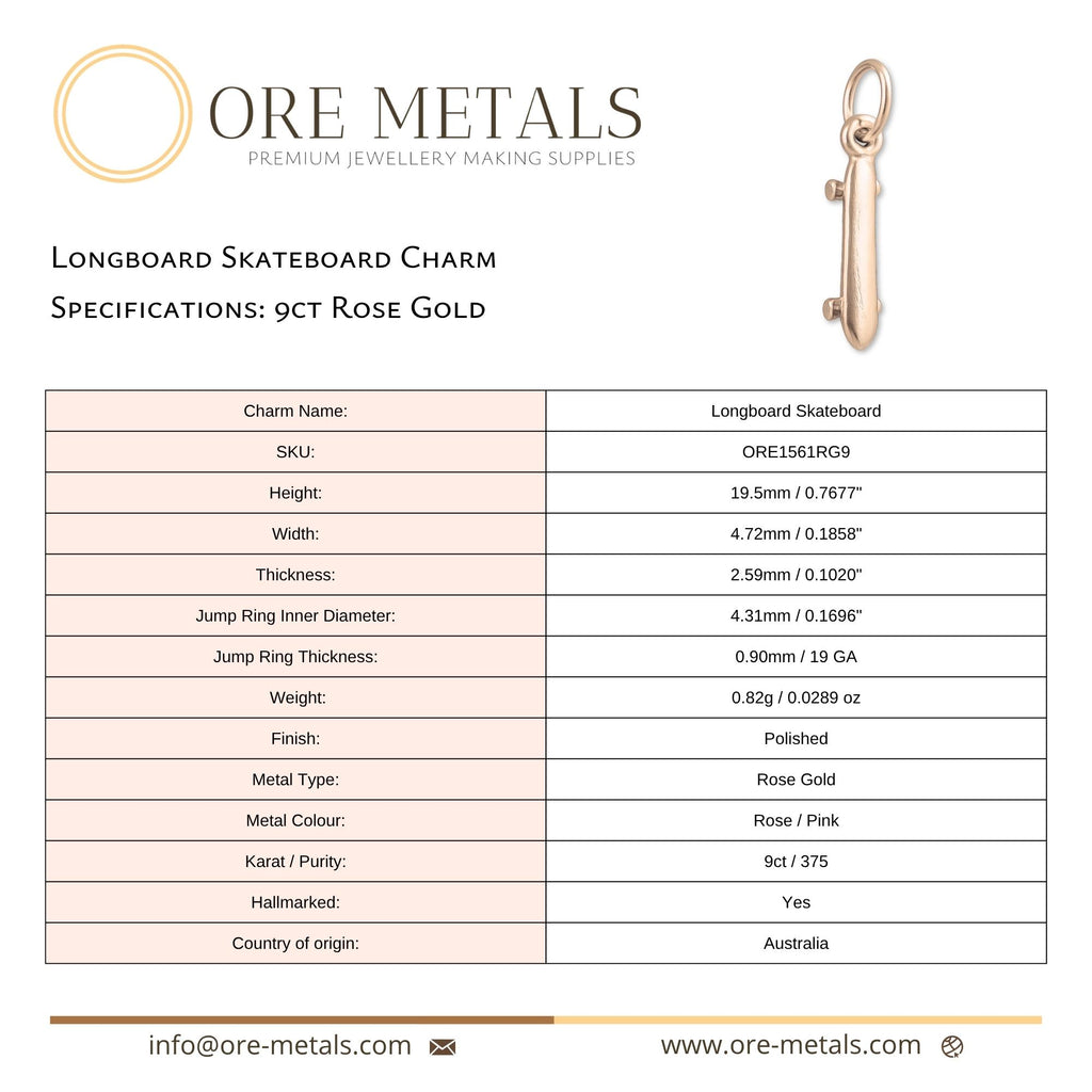 9ct Rose Gold - Longboard Skateboard Charm
