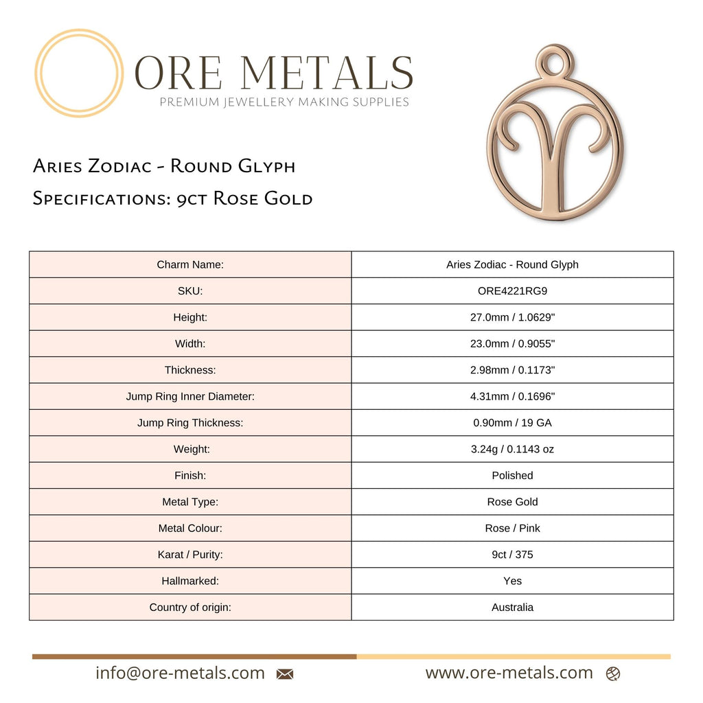 9ct Rose Gold - Aries Zodiac Round Charm