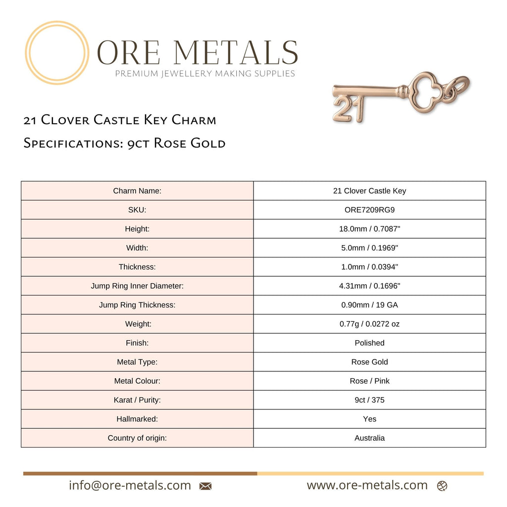 9ct Rose Gold - 21 Clover Castle Key Charm