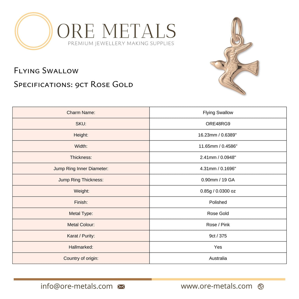 9ct Rose Gold - Flying Swallow Charm