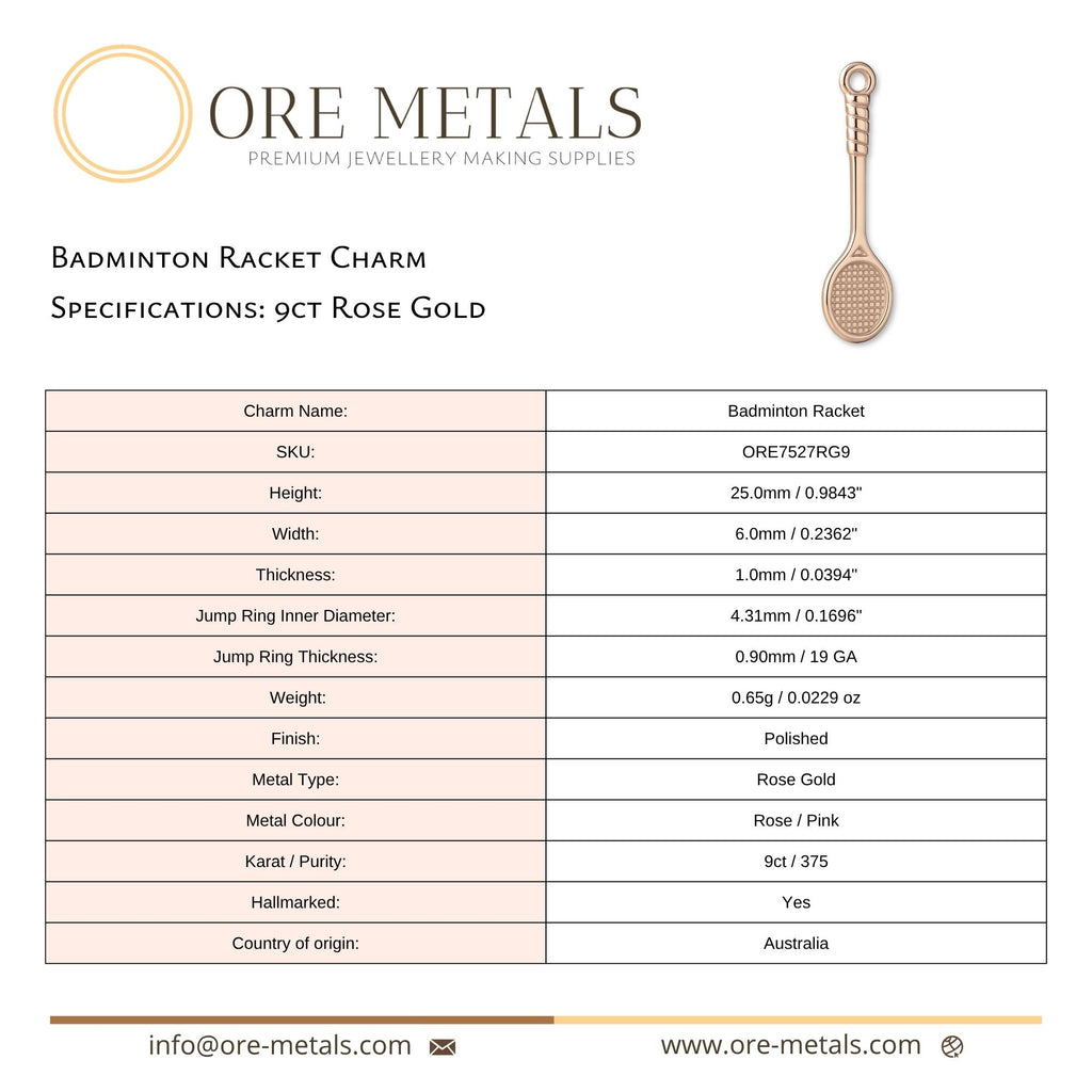9ct Rose Gold - Badminton Racket Charm