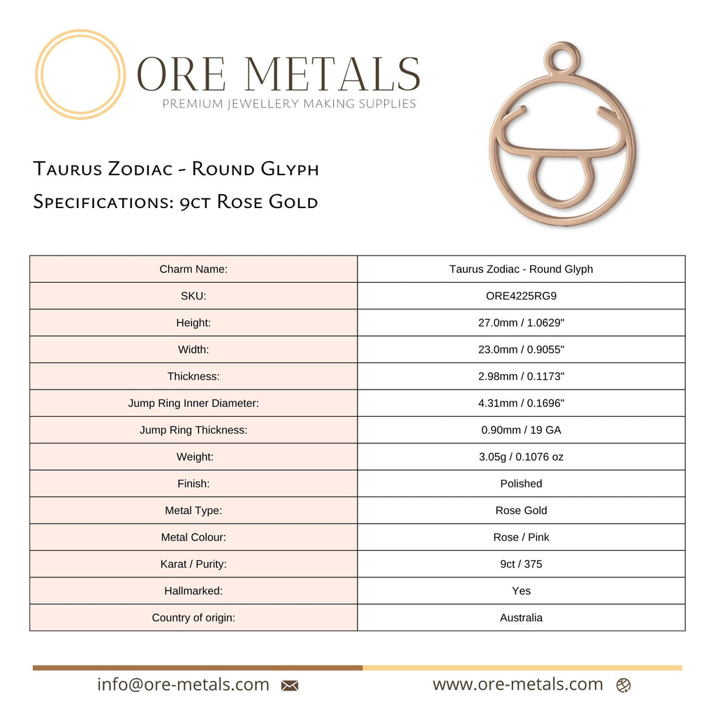 9ct Rose Gold - Taurus Zodiac Round Charm