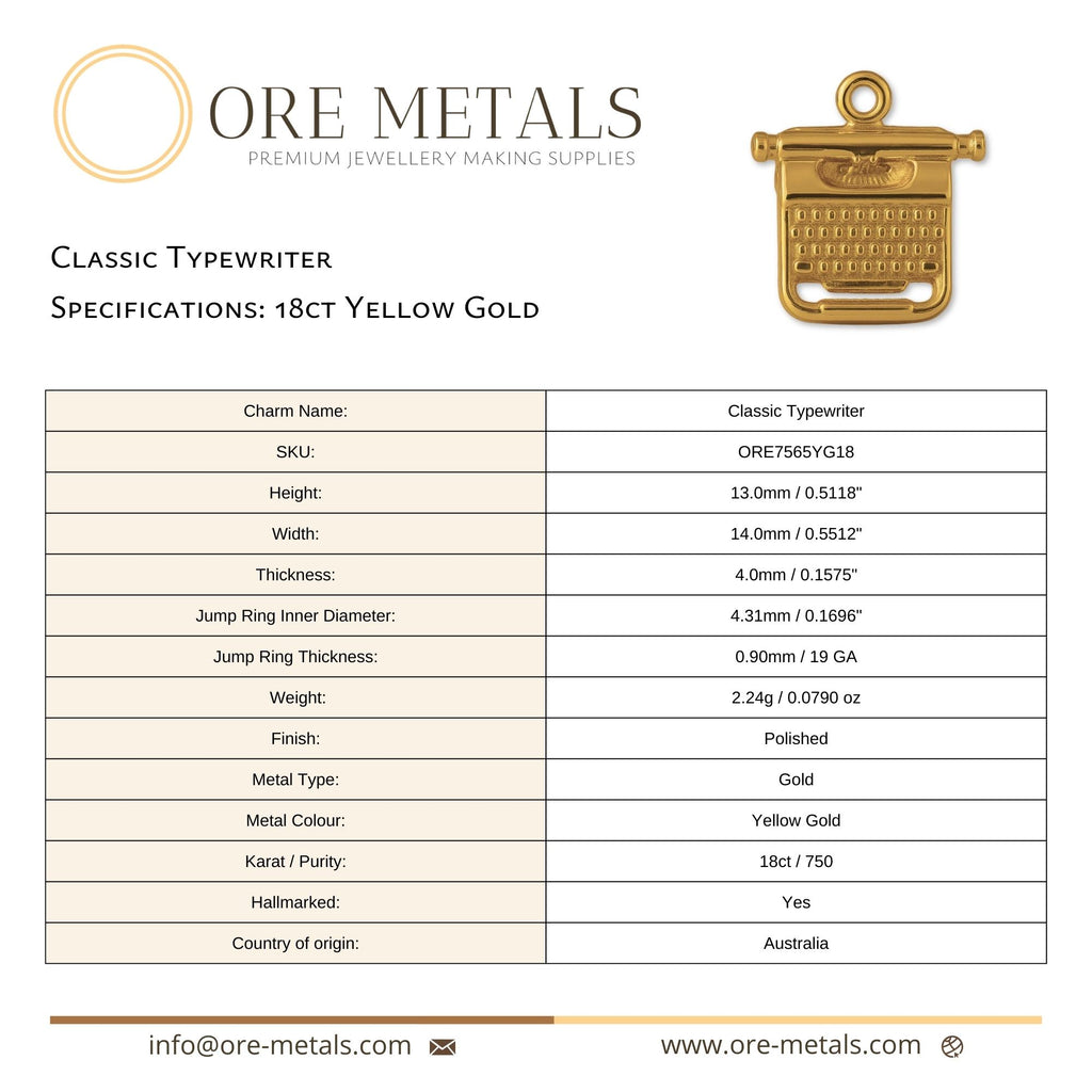 18ct Yellow Gold - Classic Typewriter Charm