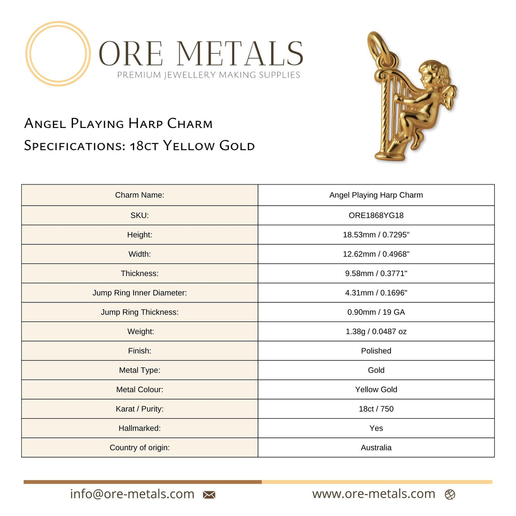 18ct Yellow Gold - Angel Playing Harp Charm
