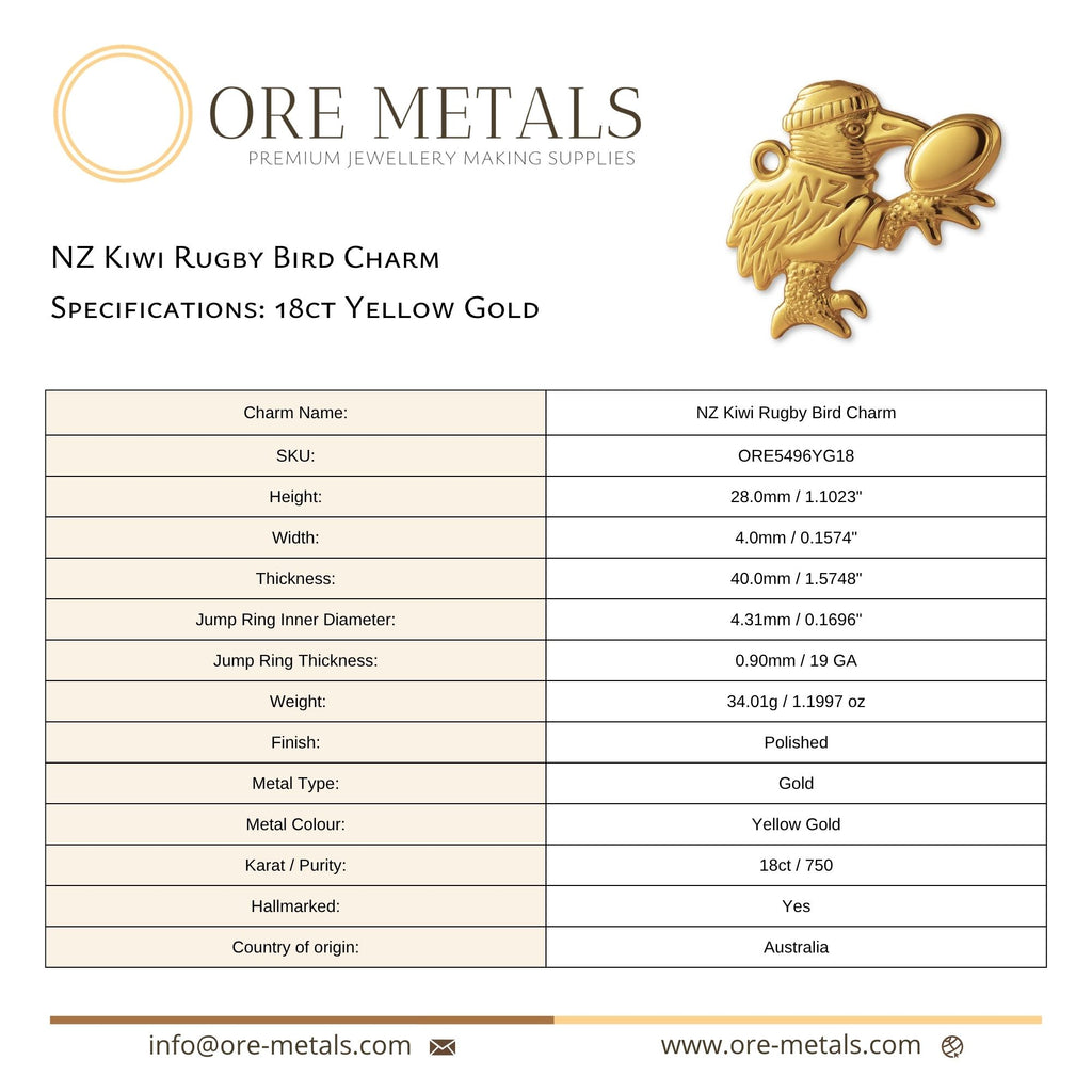 18ct Yellow Gold - NZ Kiwi Rugby Bird Charm