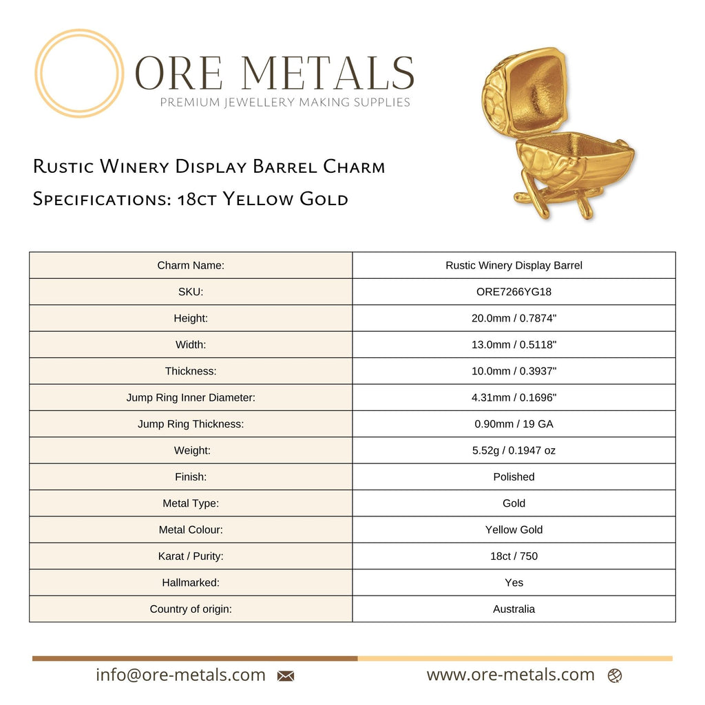 18ct Yellow Gold - Rustic Winery Display Barrel Charm