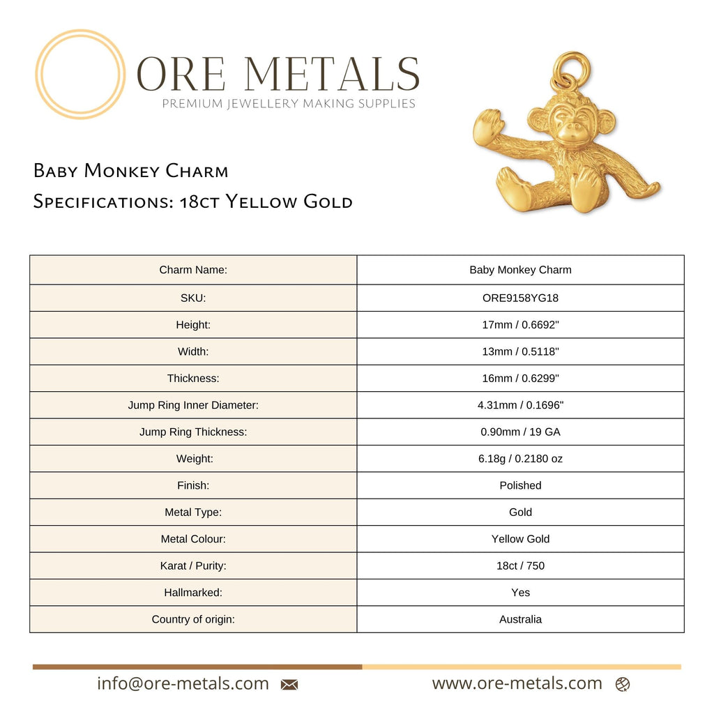 18ct Yellow Gold - Baby Monkey Charm