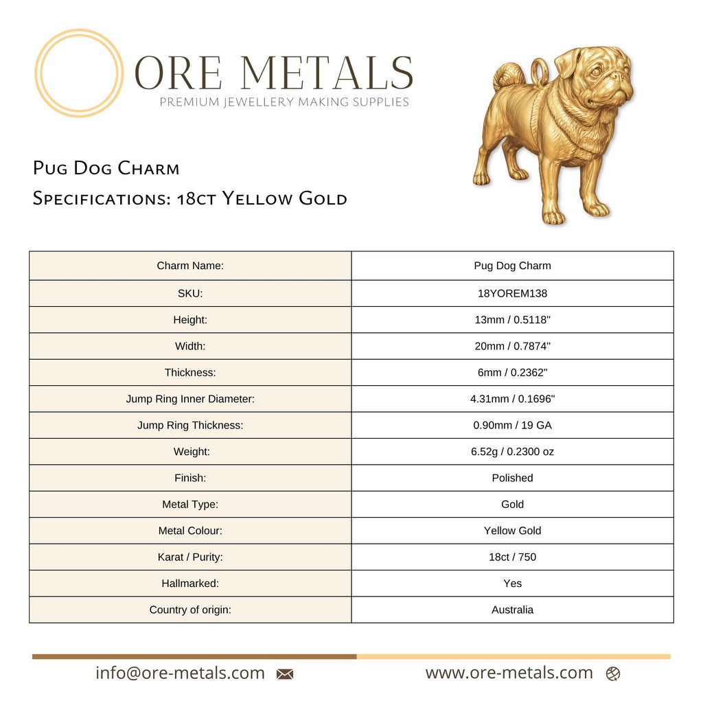 18ct Yellow Gold - Pug Dog Charm