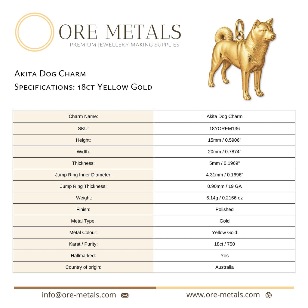 18ct Yellow Gold - Akita Dog Charm