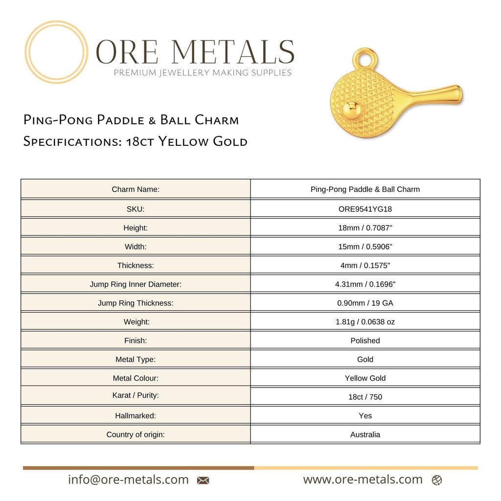 18ct Yellow Gold - Table Tennis Paddle Charm