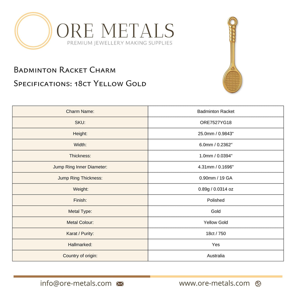 18ct Yellow Gold - Badminton Racket Charm