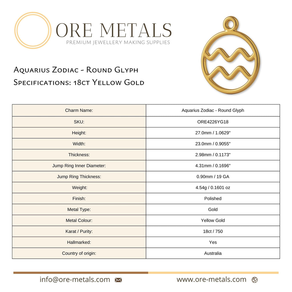 18ct Yellow Gold - Aquarius Zodiac Round Charm