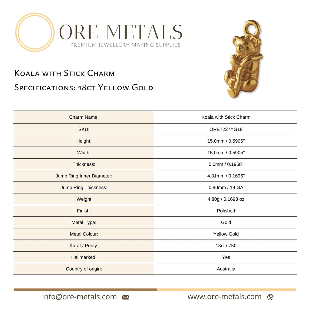 18ct Yellow Gold - Koala with Stick Charm